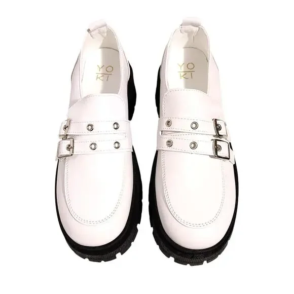 Yoki Simmons Lug Sole Loafers 2 Buckle Straps White Faux Leather Womens US10 NEW - Picture 4 of 8